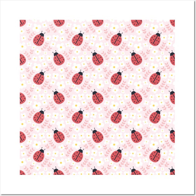 Cute Spring Floral Red Ladybug Pattern Wall Art by Printable Pretty